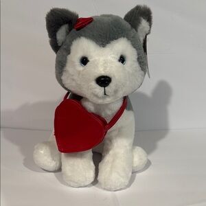 F*A*O Schwarz -Gray and White Plush Husky Dog Toy with Red Heart